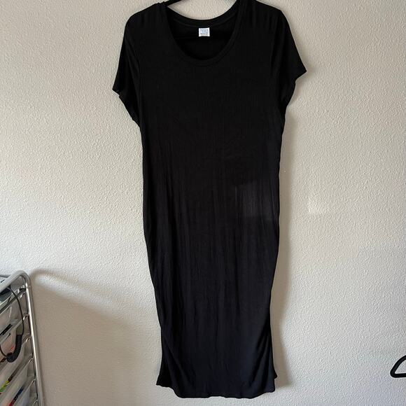 Black Ribbed Short Sleeve Ruched Stretch Bodycon Maternity Comfortable Dress XL - Picture 2 of 8